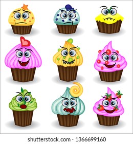 Cute and colorful kawaii style muffin emoticons collection expressing different emotions, feelings.