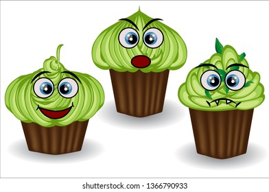 Cute and colorful kawaii style muffin emoticons collection expressing different emotions, feelings.
