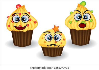 Cute and colorful kawaii style muffin emoticons collection expressing different emotions, feelings.
