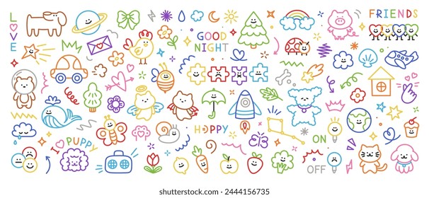 Cute colorful kid doodle icons set. Hand drawn scribble set of sun, flower, smile, heart, animal, cloud, star, rainbow, tree. Trendy vector sketch childish elements for stickers, patterns, banners.
