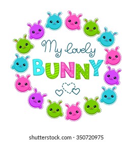 Cute colorful kids illustration with bunny faces, vector template for t-shirt design
