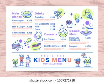 Cute Colorful Kids Meal Menu Place Mat Design Template. Outline Food Icons On White Background.