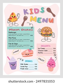 Cute colorful kids meal menu vector template