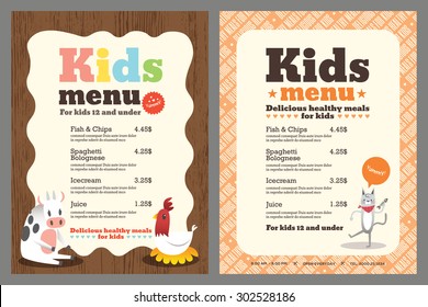 Cute Colorful Kids Meal Menu Vector Template With Animals Cartoon