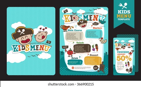 Cute colorful kids meal menu vector template with pirate cartoon