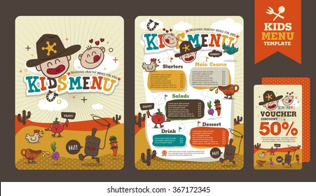 Cute colorful kids meal menu vector template with cowboy cartoon