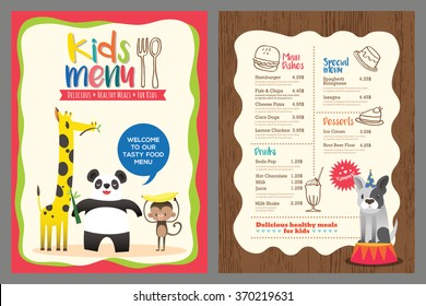 Cute colorful kids meal menu vector template with animals cartoon