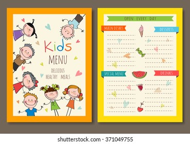 Cute colorful kids meal menu vector template