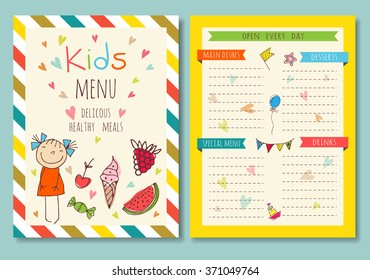 Cute colorful kids meal menu vector template