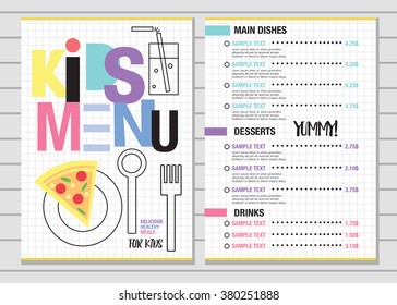 Cute colorful kids meal menu placemat design vector template