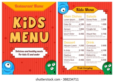 Cute colorful kids meal menu with monsters. Vector template