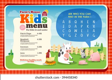 Cute colorful kids meal menu placemat vector template with animals cartoon and crossword puzzle