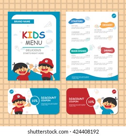 Cute colorful kids meal menu vector template with 2 boys pirate food and drink menu for kids layout template design, gift voucher ,discount coupon template