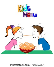 Cute colorful kids meal menu template. comic kids eating spaghetti together. Boy and girl eating pasta. vector illustration