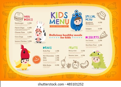Cute colorful kids meal menu placemat with children dressing up in costumes vector template