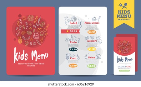 Cute colorful kids meal menu vector template 