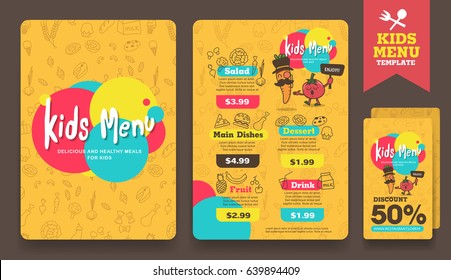 Cute Colorful Kids Meal Menu And Discount Voucher Layout Template .vector Illustration.