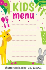 Cute colorful Kids menu. Vector template with cartoon animals.