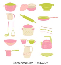 Cute colorful kitchen utensil set. Colorful crockery. Flat design. Crockery polka dot pink, green set