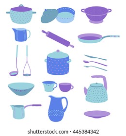 Cute colorful kitchen utensil set. Colorful crockery. Flat design. Crockery polka dots violet set