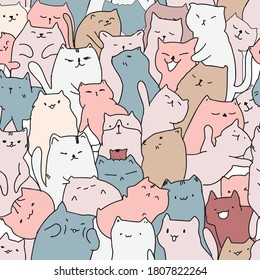 Cute colorful kitten cat seamless pattern, illustration vector doodle comic art 