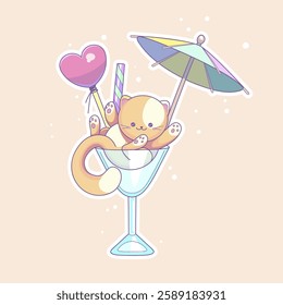 Cute colorful kitten in a cocktail glass. Funny and cozy vector illustration. 