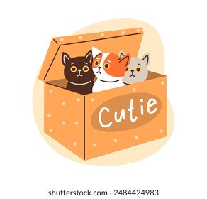 Cute colorful kittens playing and sitting inside in cardboard box vector flat illustration. Funny hiding pussycats looking out. Cartoon fluffy domestic feline animal in box package, cutie cats pet