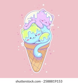 Cute colorful kittens sleep and look like as an ice cream. Vector illustration. 