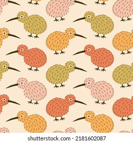 Cute colorful kiwi birds hand drawn vector illustration. Funny New Zealand furry bird in flat style seamless pattern for kids fabric or wallpaper.