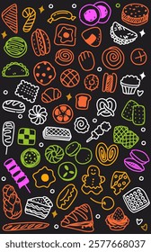 Cute colorful line art Cookies and bread doodle on black background 