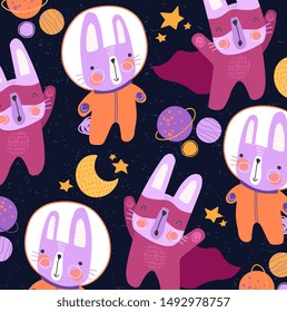 Cute colorful little cats in space suits and super hero cloaks over a starry sky with moon in a kids background vector pattern design. Square format for tile and print