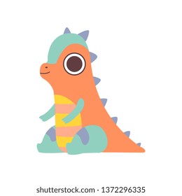 Cute Colorful Little Dino, Adorable Baby Dinosaur Character Sitting on Floor Vector Illustration