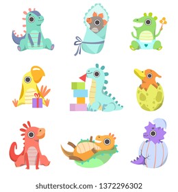 Cute Colorful Little Dinos Set, Adorable Baby Dinosaurs Characters Vector Illustration