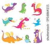 Cute Colorful Little Dragons Set, Funny Baby Dinosaurs, Fairy Tale Characters Cartoon Style Vector Illustration