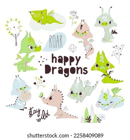 Cute Colorful Little Dragons Set, Adorable Fantastic Creatures, Fairy Tale Characters Cartoon Style