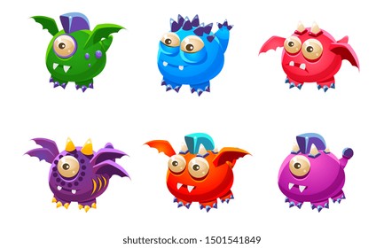 Cute Colorful Little Glossy Fantastic Monsters Set, Funny Big Eyed Mutants Cartoon Characters. Vector Illustration.