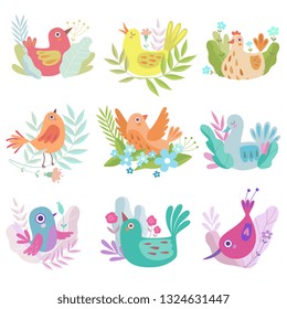 Cute Colorful Little Nesting Birds Set, Symbols of Spring Vector Illustration