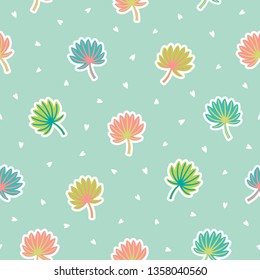 Cute and colorful little palm leaves and tiny white hearts scattered pattern in pastel colors. Romantic summer style seamless vector pattern. 