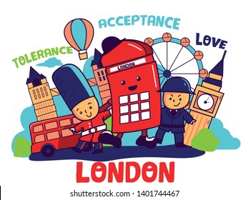 Cute, colorful London illustration in cartoon style, England showplace: Big Ben Clock, London Bus, Guard, Police. Tourism