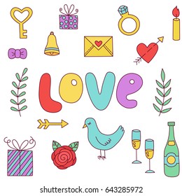 Cute colorful love wedding save the date  doodles  vector pattern set