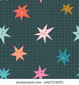 Cute colorful magic stars seamless Vector Pattern. Irregular Hand Drawn Simple Starry Print. Colorful  smile stars on dark checkered background. Pattern for nursery wallpaper or bebdding