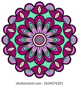 Mandala bonito e colorido, design vetorial, decoração redonda do ornamento, roxo colorido, verde, motivo floral, flor estilizada. Ilustração floral, Símbolo de Chakra para meditação, ioga, logotipo, fundo