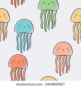 Cute colorful marine sailor marine animals jellyfish crab sheep starfish whale seamless print pattern graphic tee design for kids market as vector
