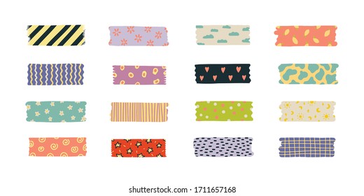 Cute colorful masking tape set. Scotch, color patterned adhesive tape collection, different pieces isolated on white background. Vector simple elements for collage.