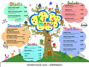 Cute colorful meal kids menu template with cute little monsters and tree house