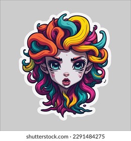 Cute Colorful Medusa Sticker with Vector Design