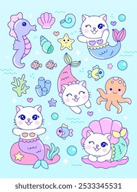 Cute colorful mermaid cat stickers illustration for kids