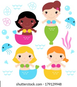 Cute colorful Mermaids with little sea creatures. Vector  