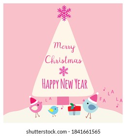 Cute colorful Merry Christmas greeting card with lettering. Happy birds with Santa hats, snow, present and Xmas tree illustration on pink background. Vector design element. Great for stickers, labels