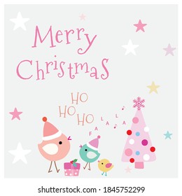 Cute colorful Merry Christmas greeting card with lettering. Happy birds with Santa hats, stars, present and pink Xmas tree illustration on white background. Vector design element. Great for stickers